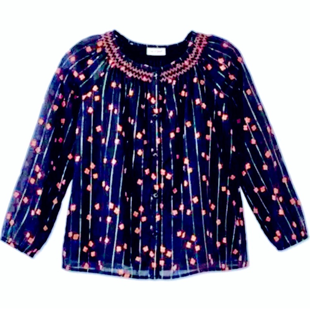 Cat & Jack Girls XL Navy Blue & Orange Floral Long Sleeve Peasant Tunic